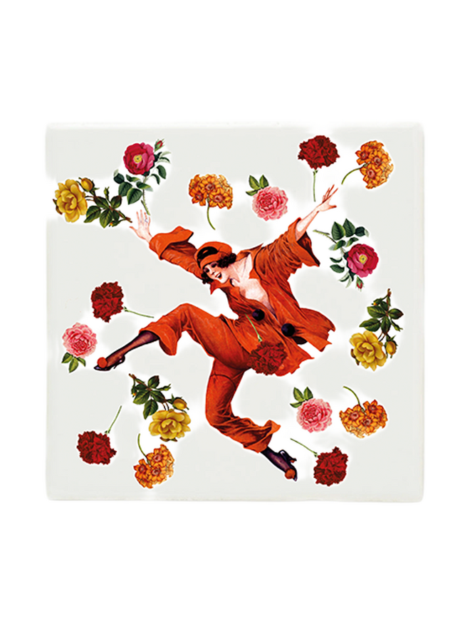 Wall tile collage little lady jumping among flowers Lylies