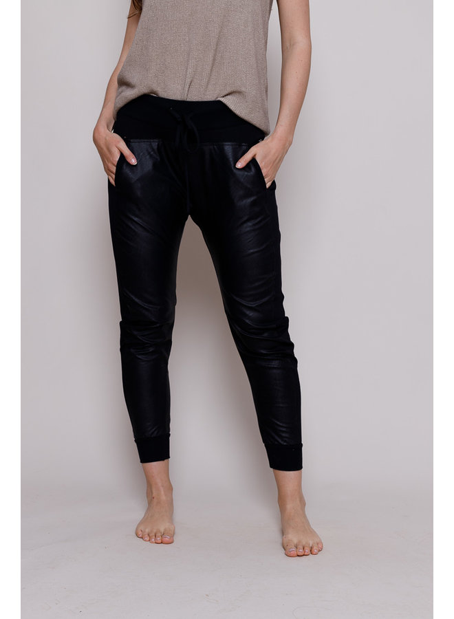 Vegan Leather Joggers With Side Panel - Black