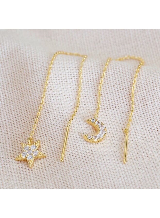 Thread Through Moon and Star Chain Earrings - Gold