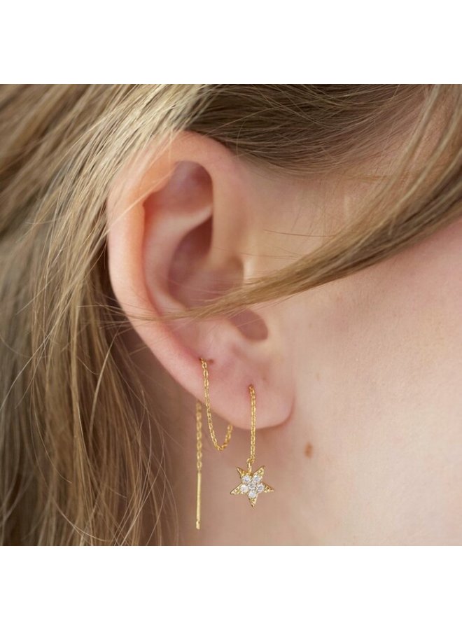 Thread Through Moon and Star Chain Earrings - Gold