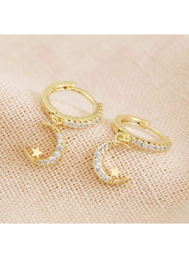 Crystal Moon Huggie Hoop Earrings - Gold