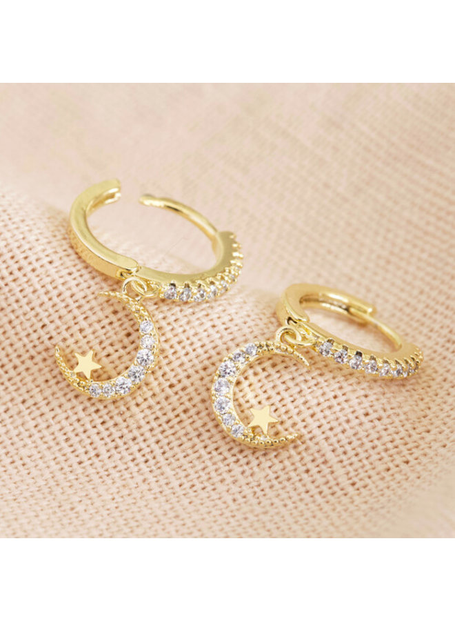 Crystal Moon Huggie Hoop Earrings - Gold