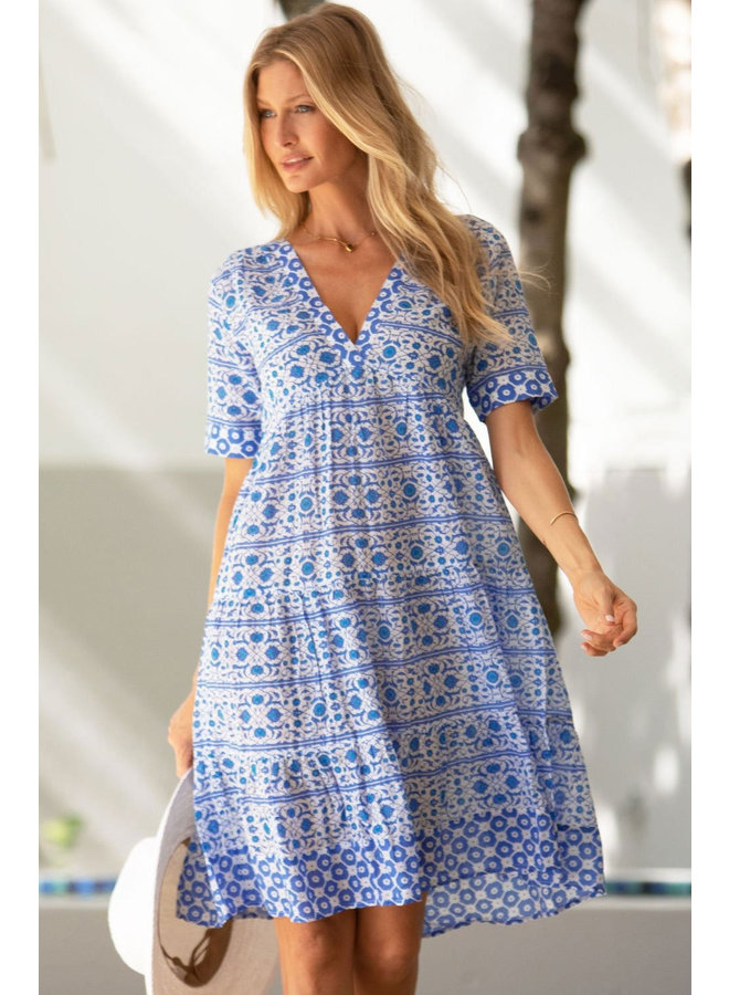 Santorini Cotton Dress - White/Blue