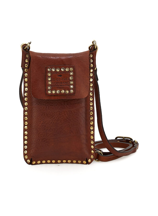 Studded Washed Leather Phone Case - Cognac