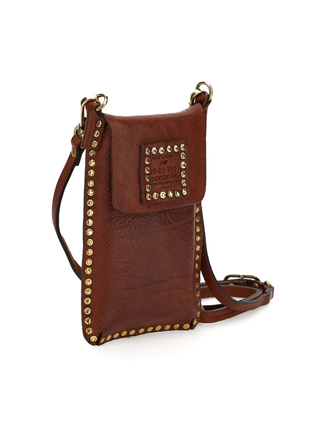 Studded Washed Leather Phone Case - Cognac