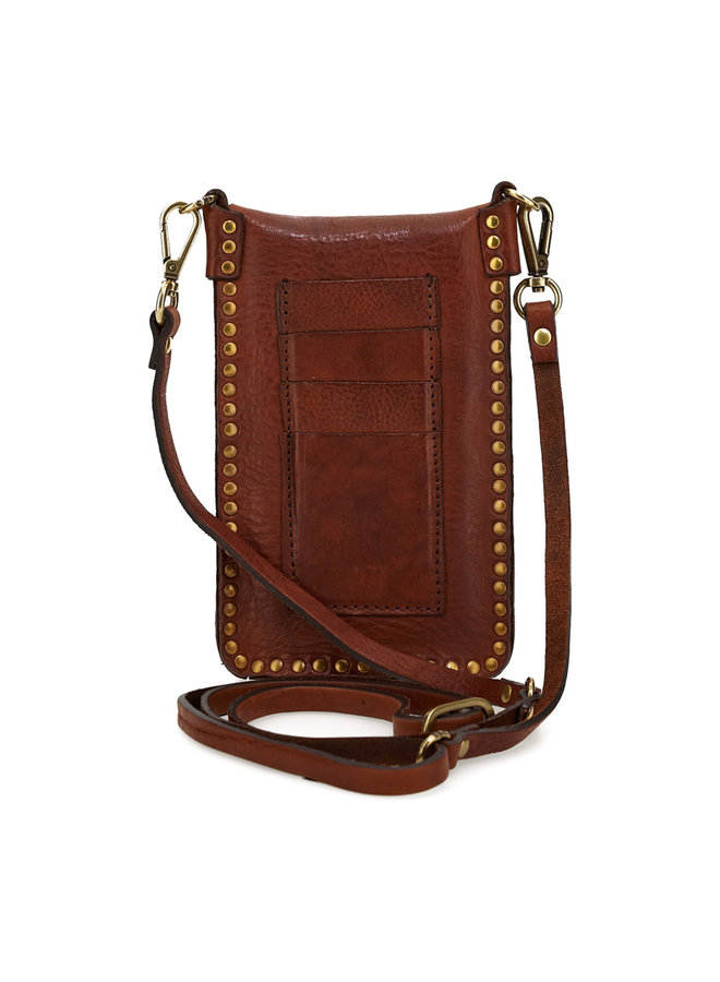 Studded Washed Leather Phone Case - Cognac