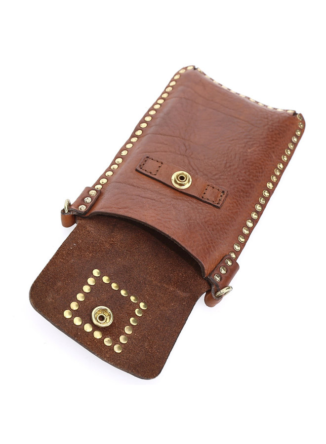 Studded Washed Leather Phone Case - Cognac