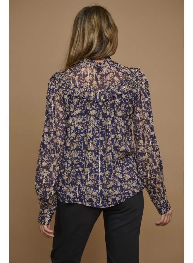 Reina Blouse with Ruffle - Navy Flower