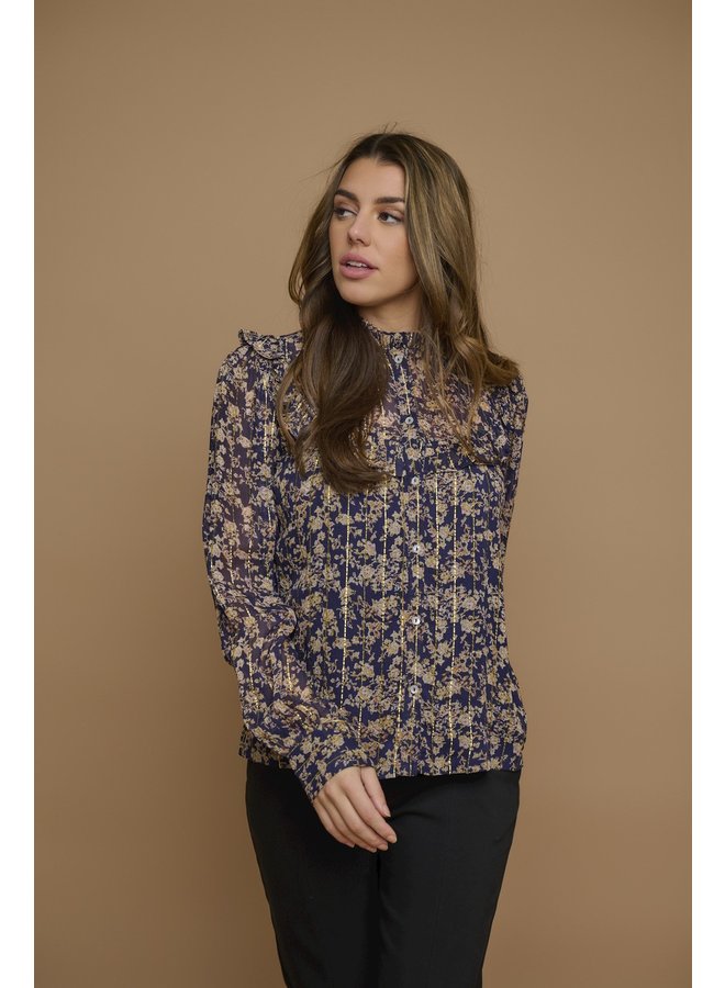 Reina Blouse with Ruffle - Navy Flower