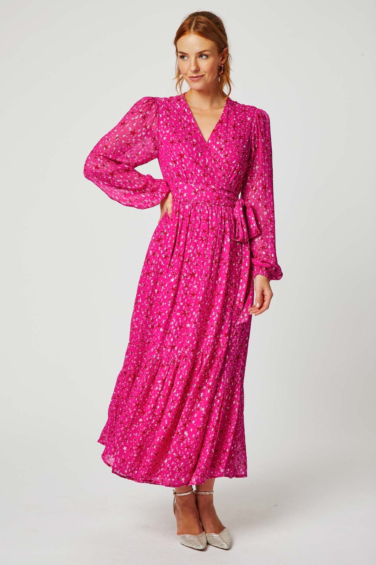 Etti Metallic Dobby Georgette Dress Pink Red Doodie Stark