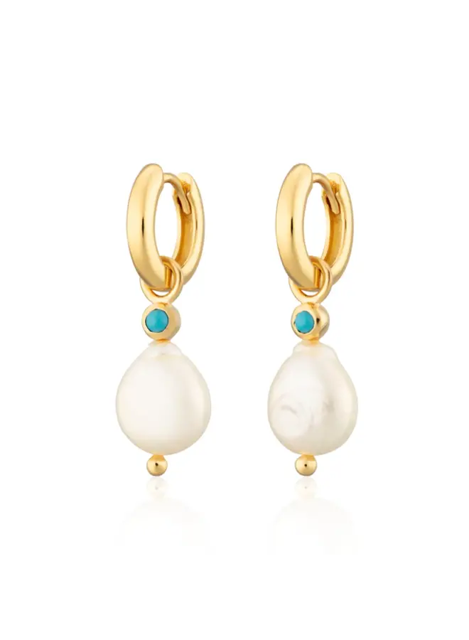 Pearl and Turq Charm Hoops - Gold