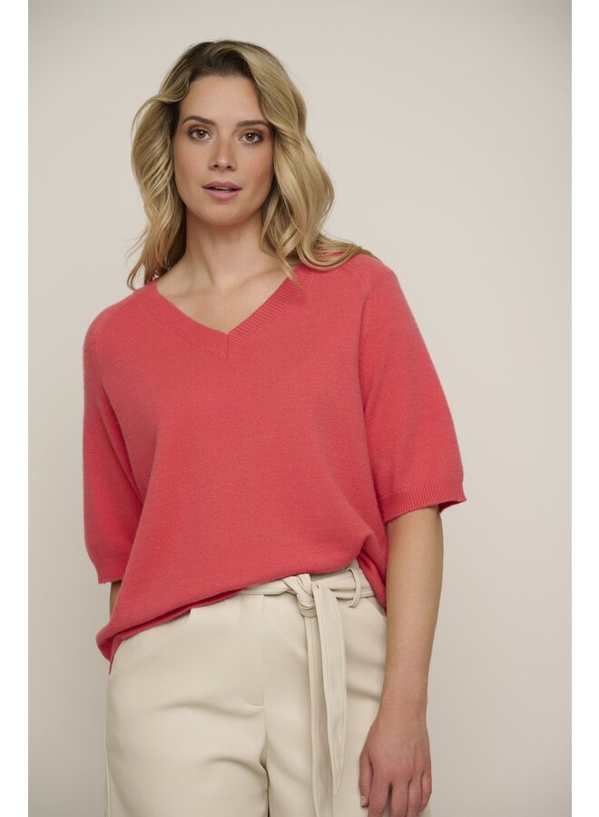 Ellie V-Neck Short Sleeve Sweater - Coral