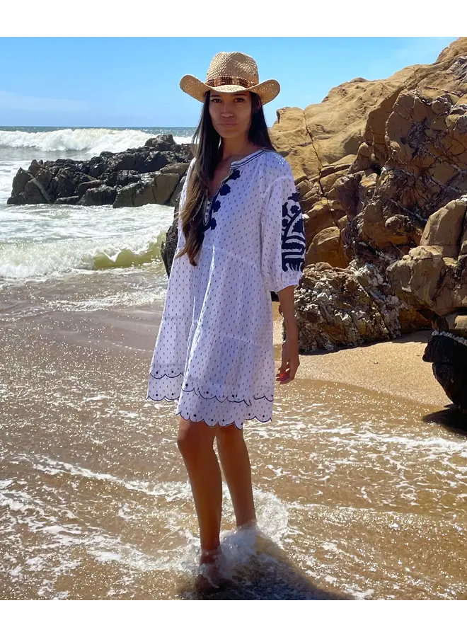 Firenze Dress - White/Navy Dobby