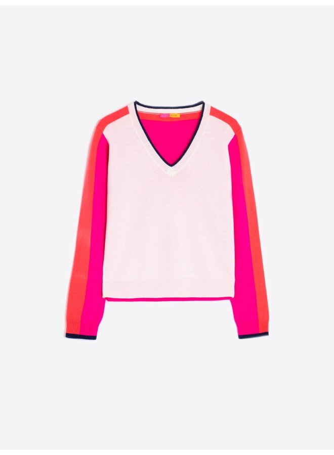 Colour Block Sweater - Ecru/Pink/Orange
