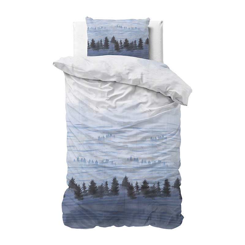 Dekbedovertrek Cold Forest Dekbedovertrek - Eenpersoons (140x220 cm) - Blauw & Grijs Katoen - Dessin: Natuur - Sleeptime Elegance -
