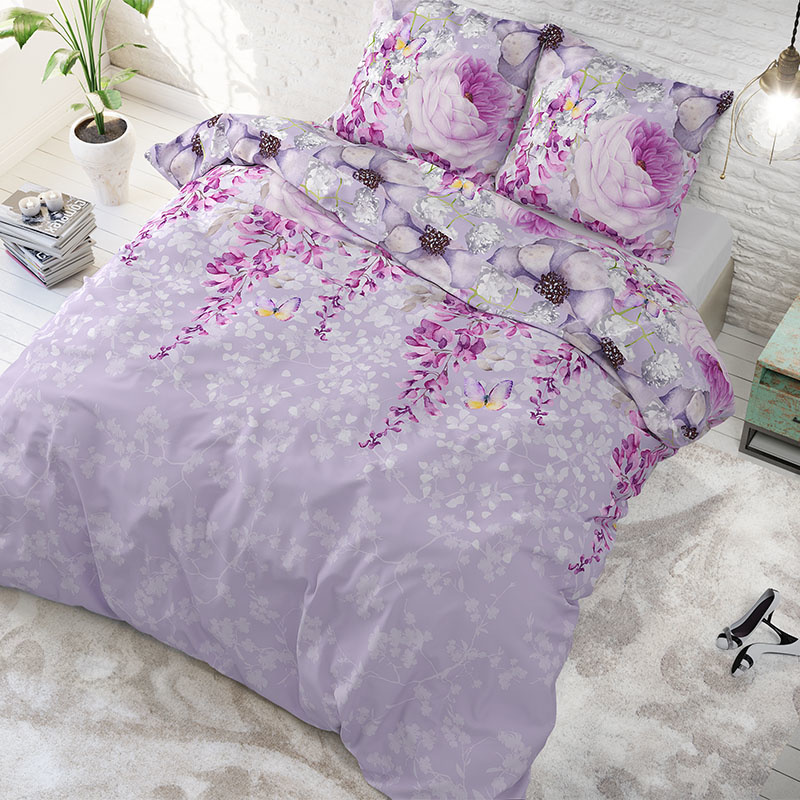 Dekbedovertrek Viola Purple Dekbedovertrek - Tweepersoons (200x220 cm) - Paars Katoen - Dessin: Bloemen - Sleeptime Elegance - Dekbed-Discounter.nl