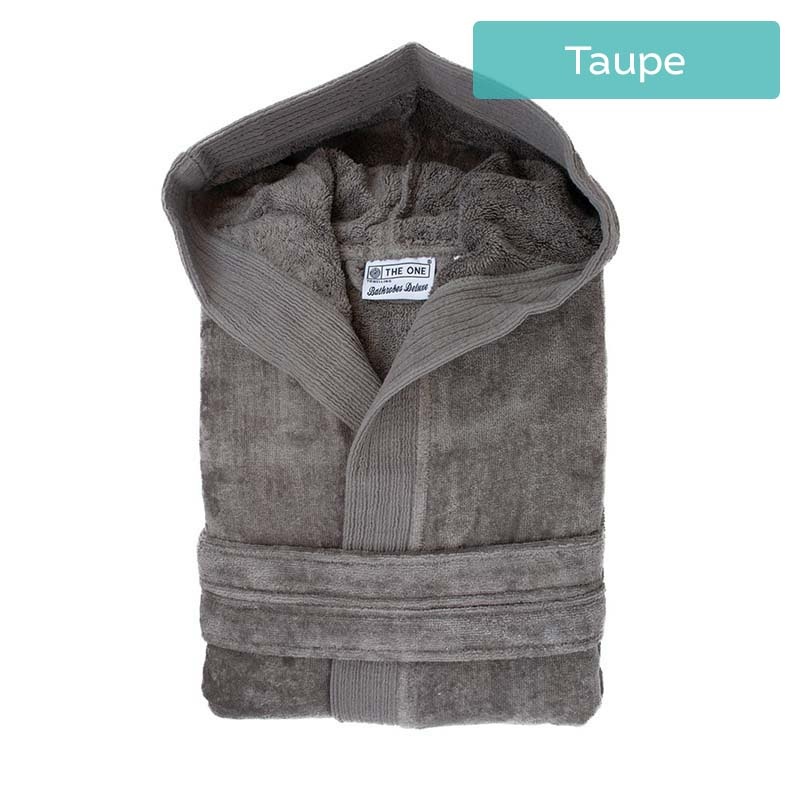 The One Towelling Velours Badjas met Capuchon Kleur: Taupe, S/M