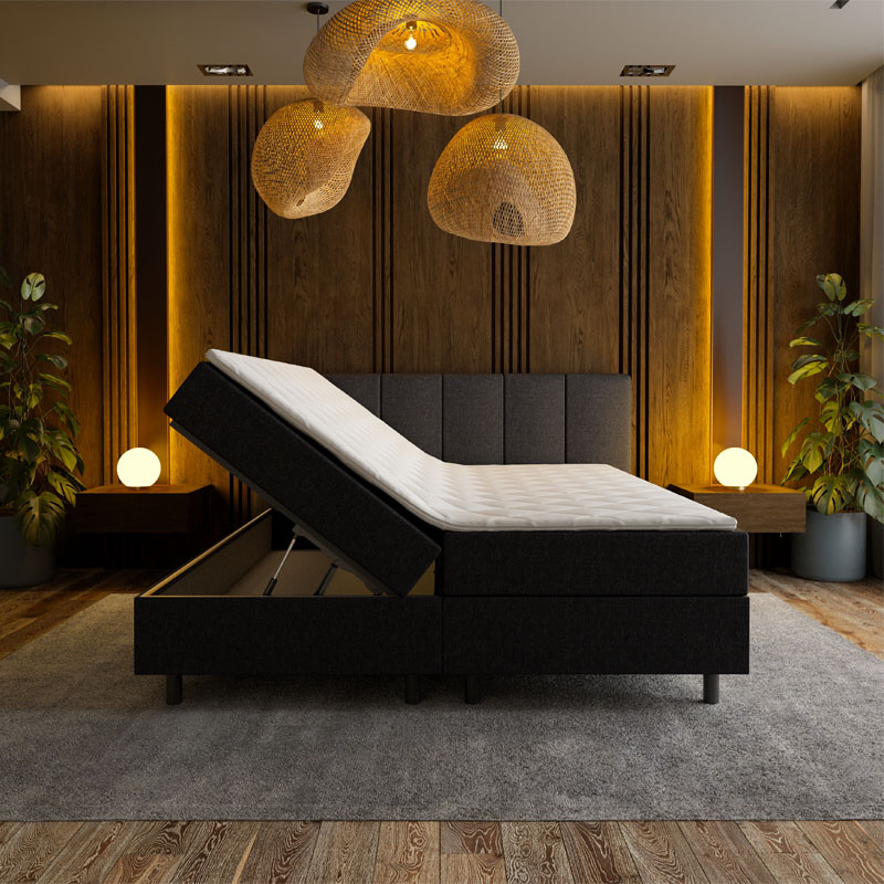 2-Persoons Boxspring met opbergruimte Wide - Zwart 180x210 cm - Pocketvering - Inclusief Topper - Dekbed-Discounter.nl
