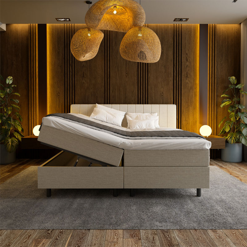 1-Persoons Boxspring met opbergruimte Beam - Beige 90x210 cm - Pocketvering - Inclusief Topper - Dekbed-Discounter.nl