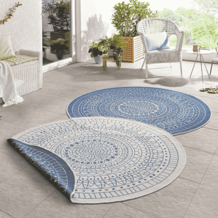 Dubbelzijdig Buitenkleed Porto Rond - Blauw/Creme