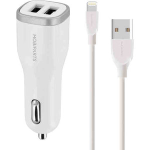 Mobiparts CAR CHARGER DUAL USB 2.4A + LIGHTNING CABLE WHITE