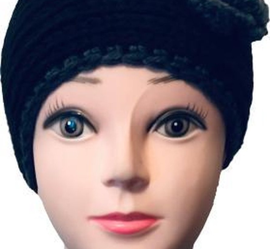 Handgebreide hoofdband bloem zwart