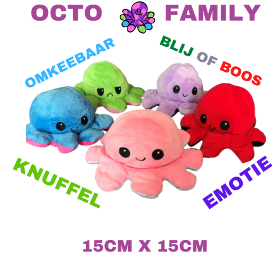 Octopus moody  Family knuffel SET van 5 - 15cm x 15cm - Emotie - Omkeerbaar - Blij/Boos - kleurig