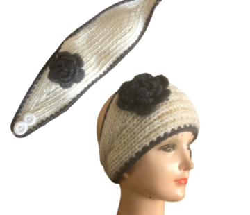 Handgebreide hoofdband bloem wit-grijs