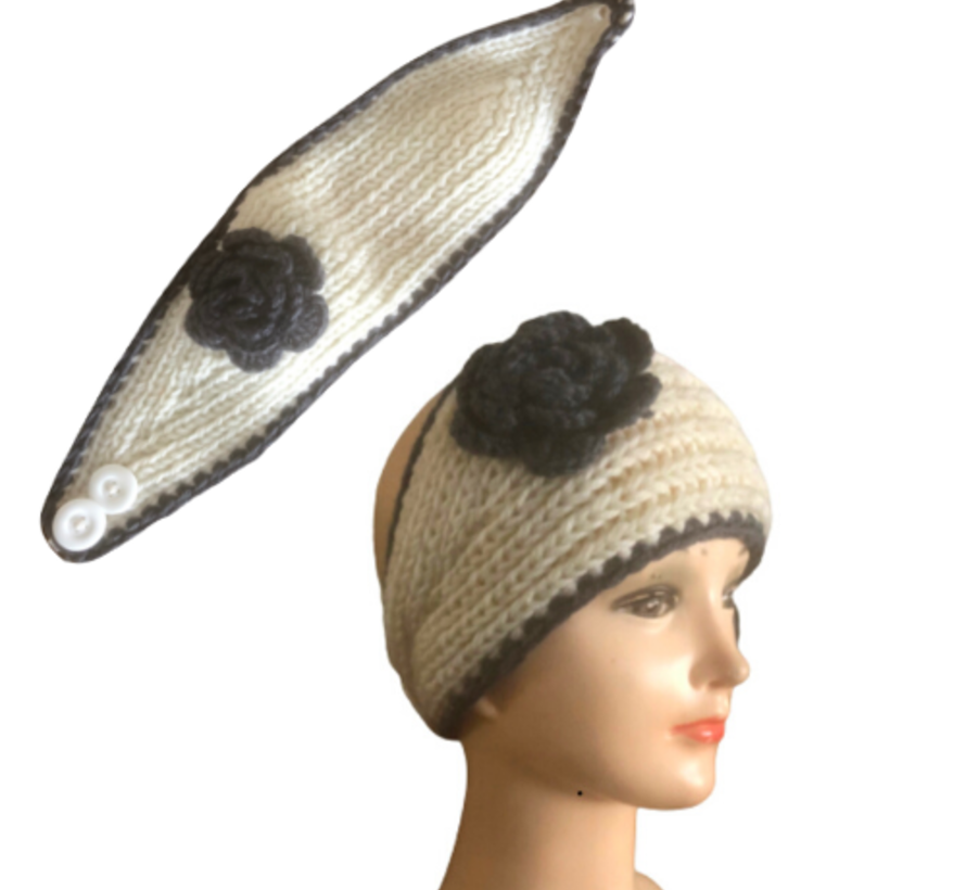 Handgebreide hoofdband bloem wit-grijs