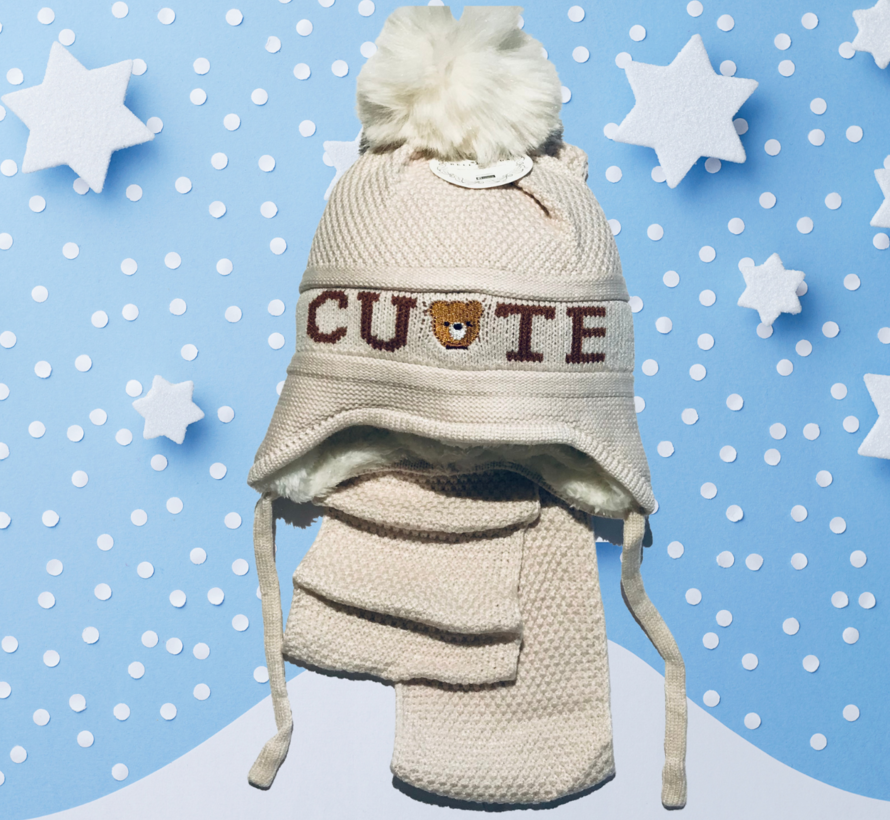 BelgaBabe -2Delige Set: muts met fleecevoering + sjaal Meisjes/Jongens - 0-1jaar – cute /crème