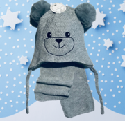 BelgaBabe -2 Dellige Set: muts met fleecevoering + sjaal beertje grijs
