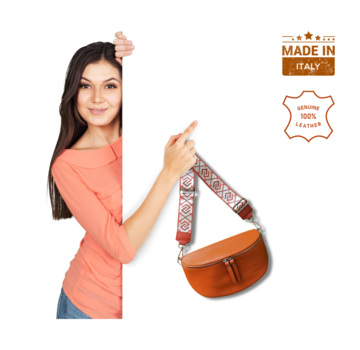 BellaBelga- Belgisch merk UrbanEase Aurora - oranje - trendy lederen crossbody tas - met EXTRA brede textiele schouderriem