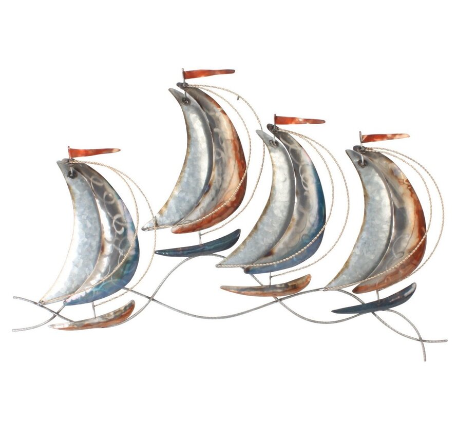 Sail away - 81x50 cm-metalen wanddecoratie van vier zeilbootjes