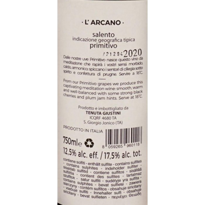 Tenuta Giustini L'ARCANO Primitivo Salento Zoet