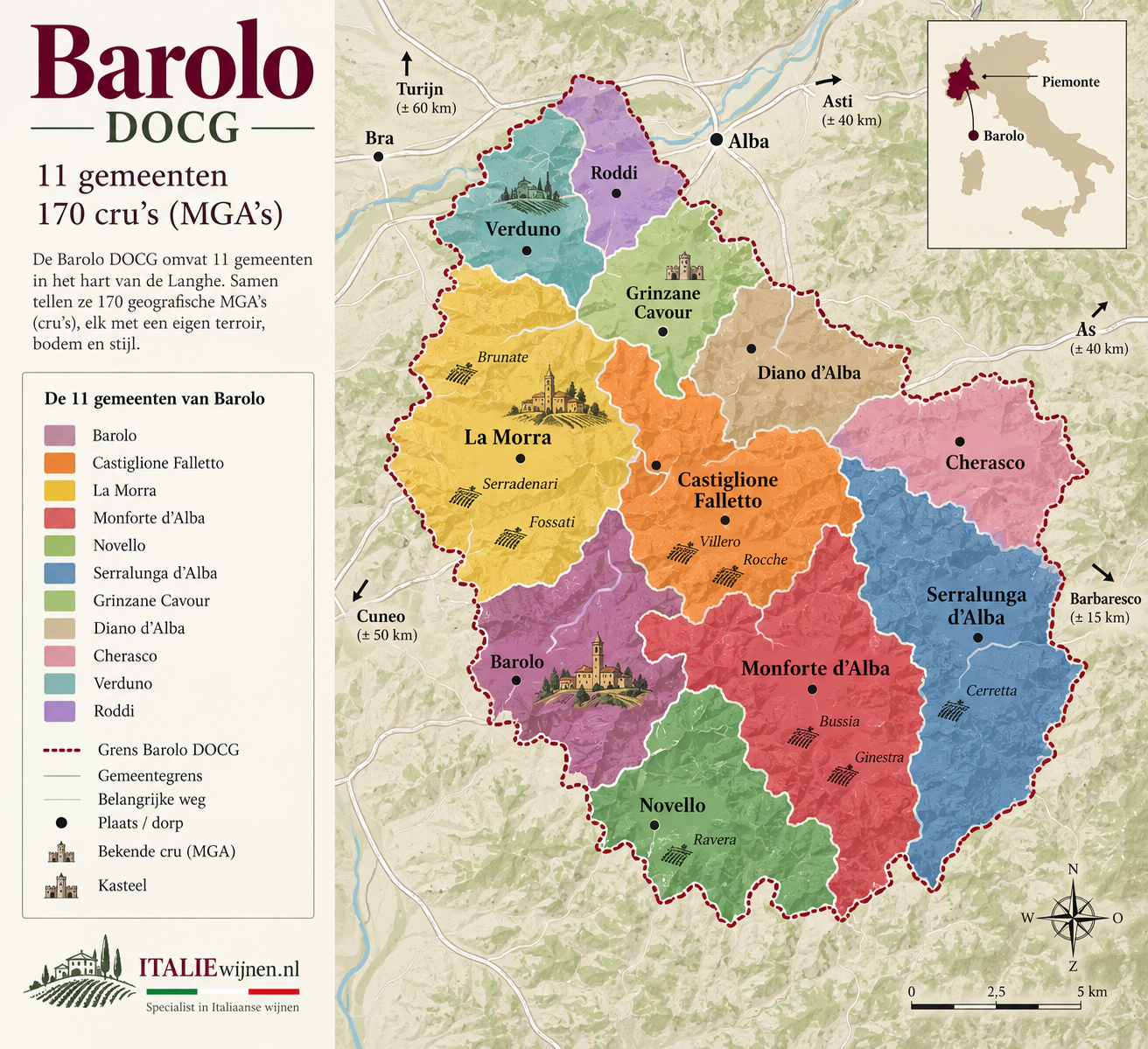 Illustratieve kaart van de Barolo wijnstreek met gemeenten en bekende cru-gebieden