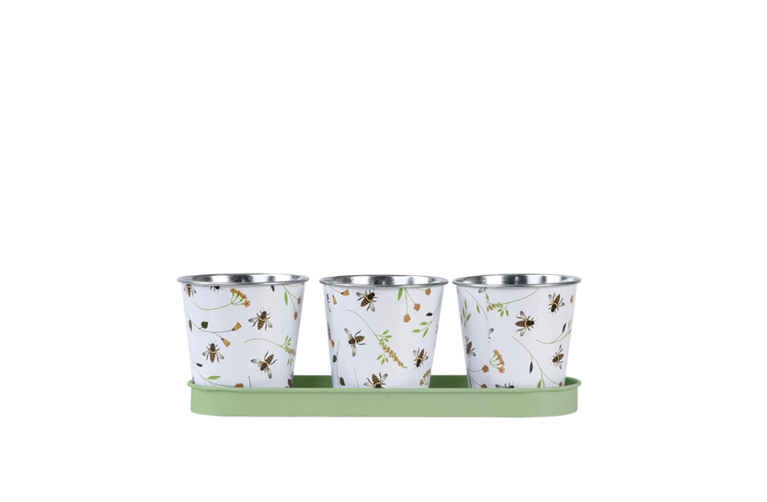 Esschert Design - Drie potjes op tray met bijenprint
