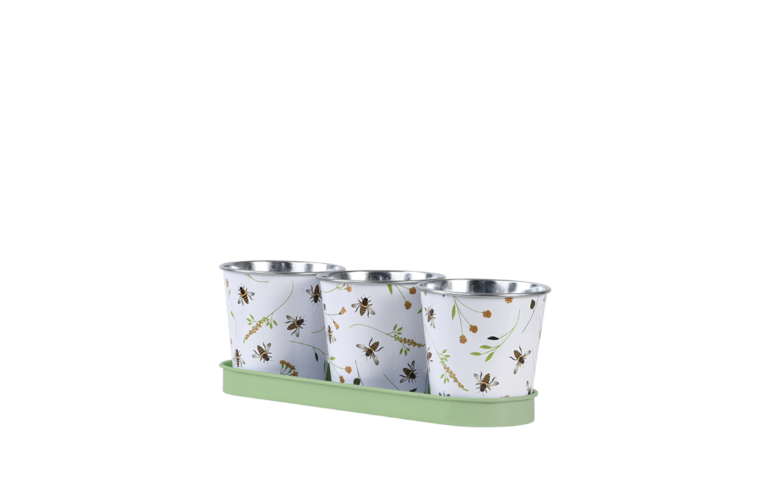 Esschert Design - Drie potjes op tray met bijenprint