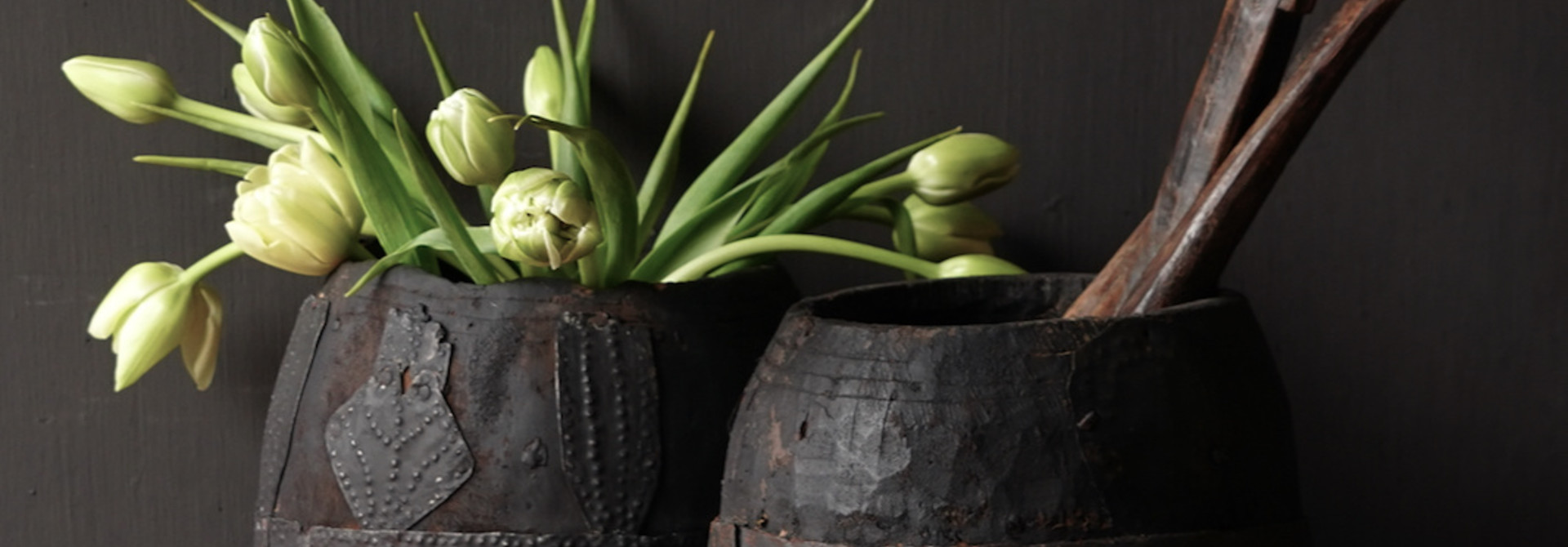 Nepalese old wooden Pot with iron decoration