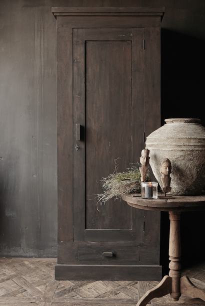 Beautiful, sturdy, high dark rustic old wooden cabinet