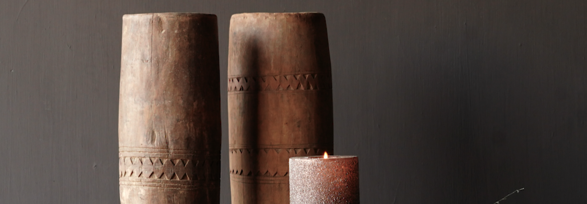 Unique old wooden vase without bottom made from an authentic drum