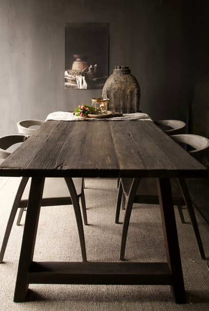 Prachtig Stoer robuust donker oud houten Eetkamer tafel  met A poot