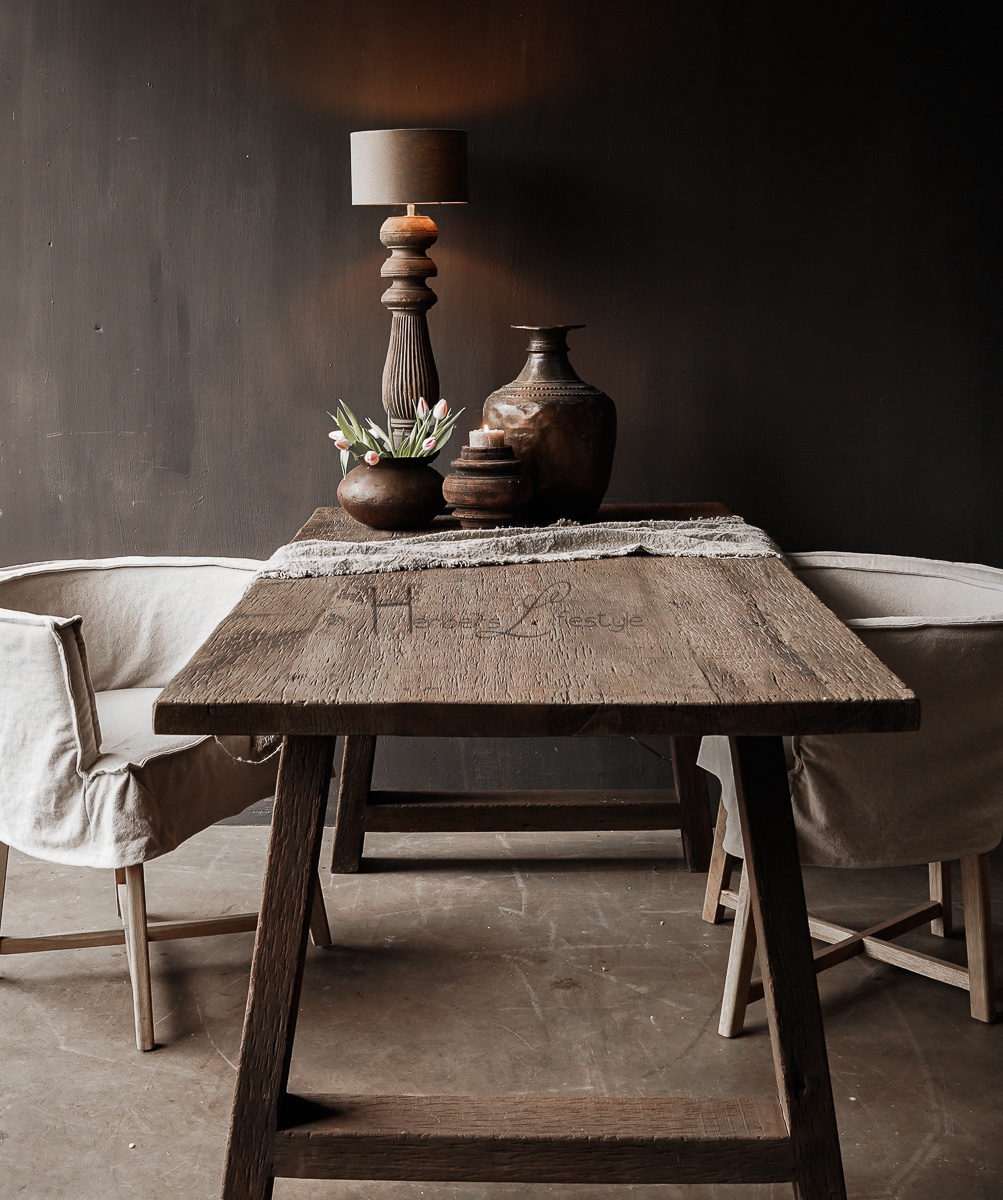 Prachtig Stoer robuust donker oud houten Eetkamer tafel  met A poot-5