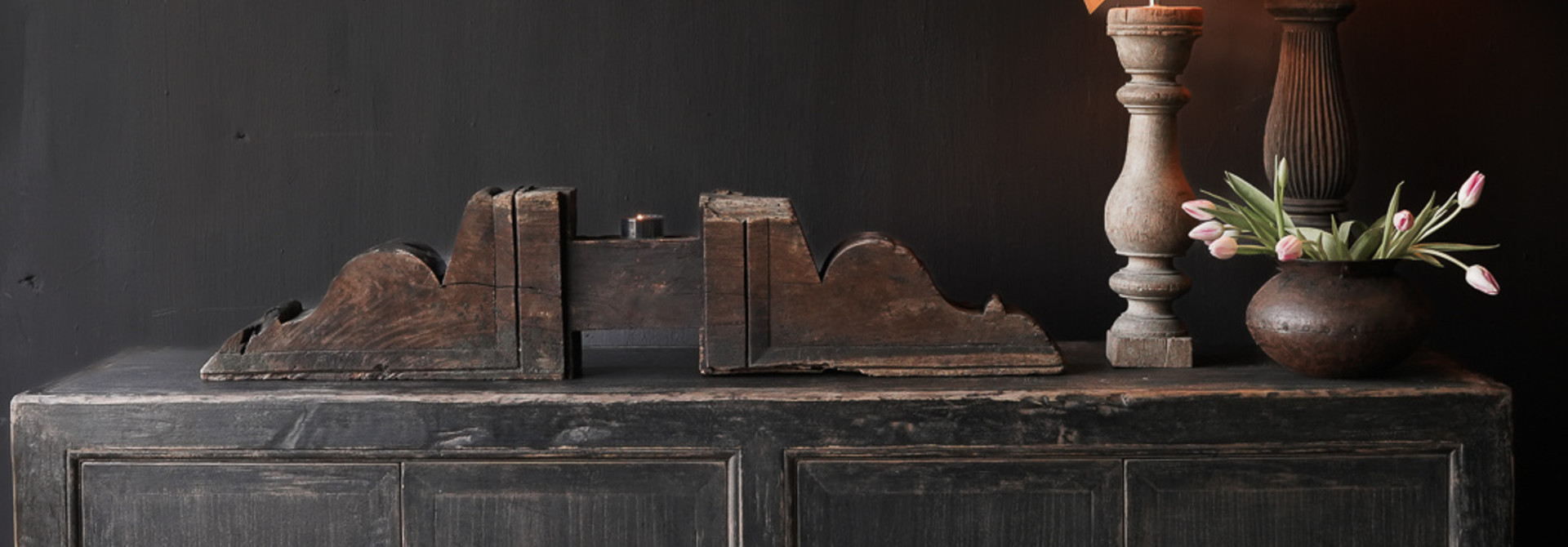 Beautiful cool brown / black old wooden sideboard with four doors