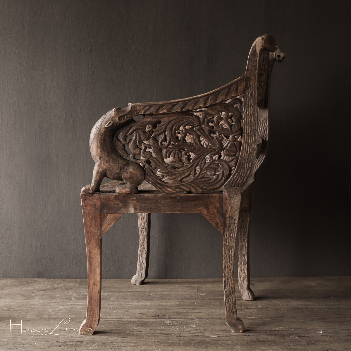 Antieke Handmade houtsnijwerk stoel India-5
