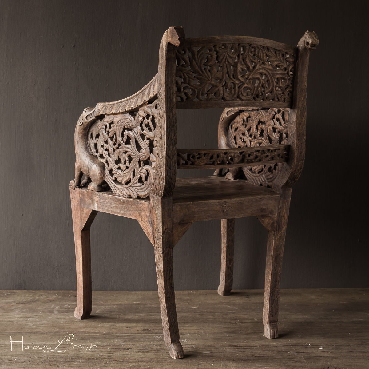 Antieke Handmade houtsnijwerk stoel India-10