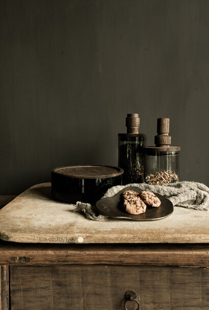 Gray Glass storage container with wooden lid