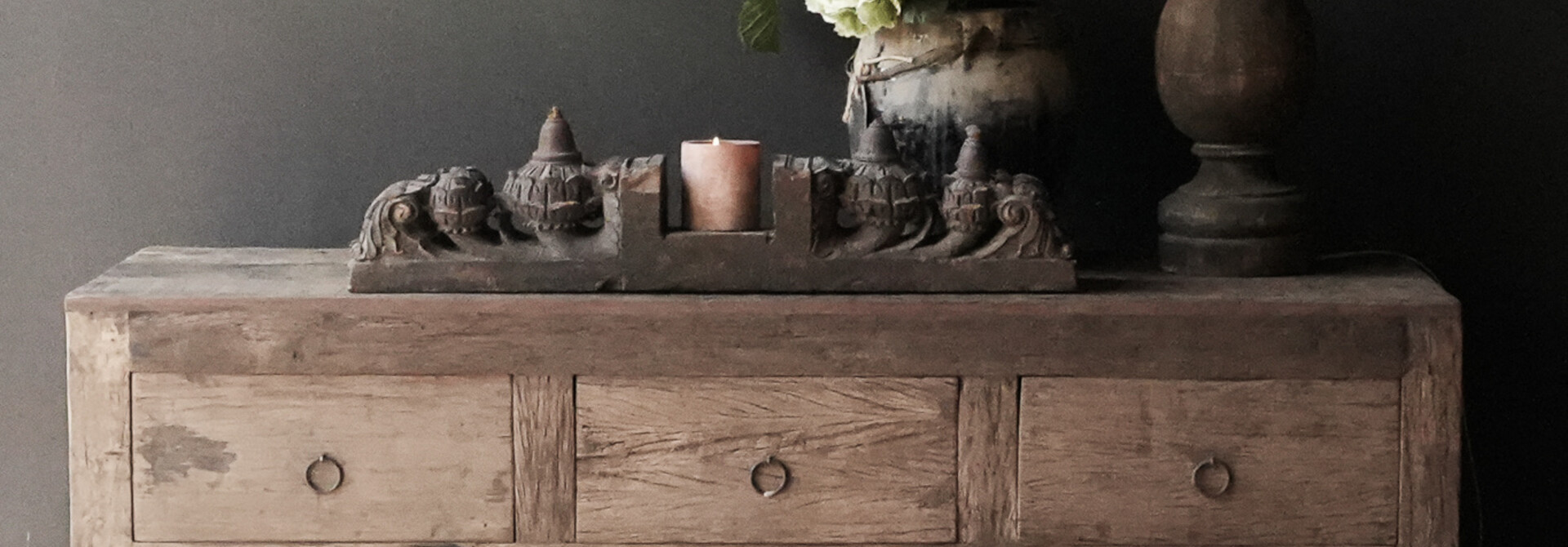 Tough robust old wooden wall table / side table with drawers