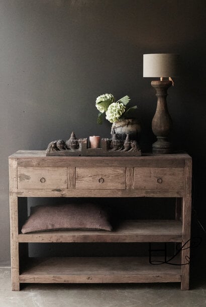 Tough robust old wooden wall table / side table with drawers