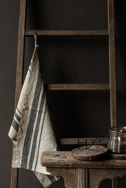 Heavy linen tea towel with a mixed effect and black piping