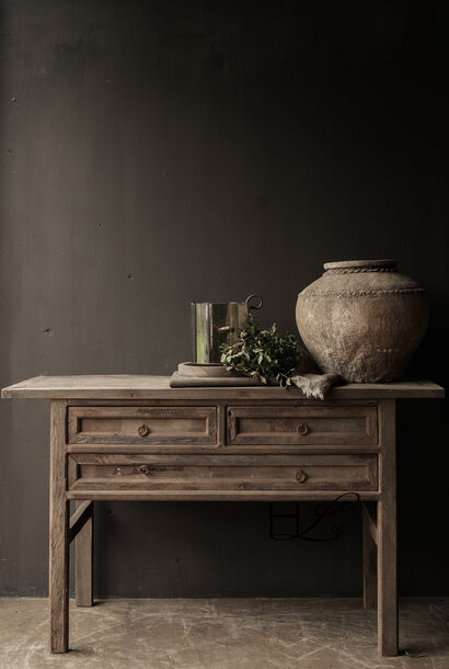 Tough, robust old wooden wall table / side table with drawers